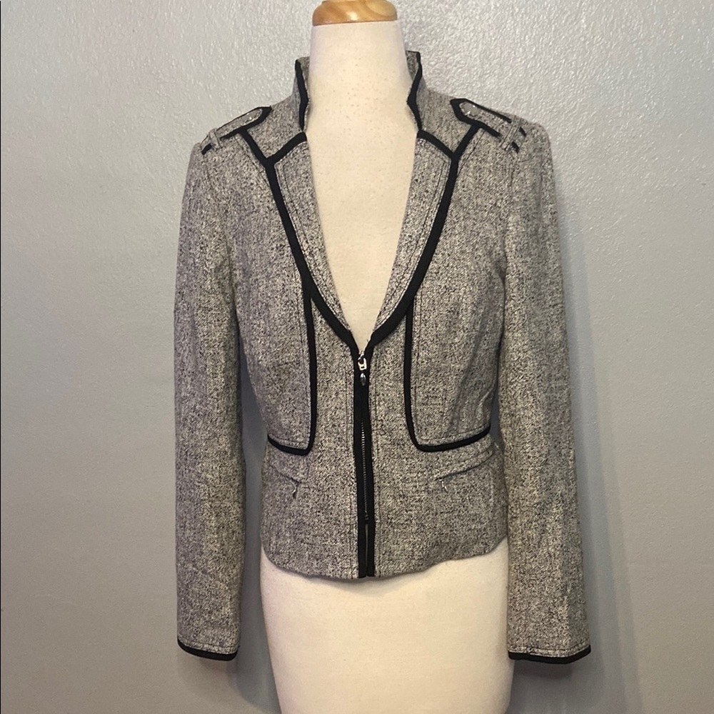 White House Black Market Blazer Zip Front Military Style Jacket Grey Fleck Tweed